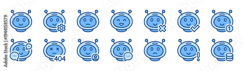 Chatbot solid icon set. AI virtual assistant. Chat bot, smart robot communication icons. Blue vector icon collection.