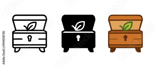 Colorful treasure chests with leaf motifs in linear, solid, and flat styles