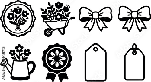 Black and white flat design flower wheelbarrow bow watering can award ribbon and price tag icons set isolated