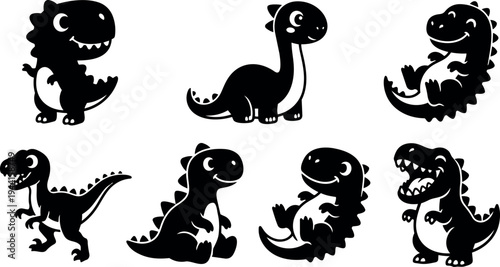 Cute black silhouette dinosaur characters in various playful poses cartoon vector art set collection with smiling expressions and simple shapes