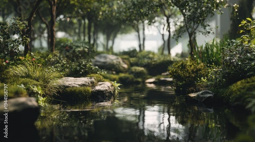 Serene river in a lush forest with rocks and dense vegetation landscape