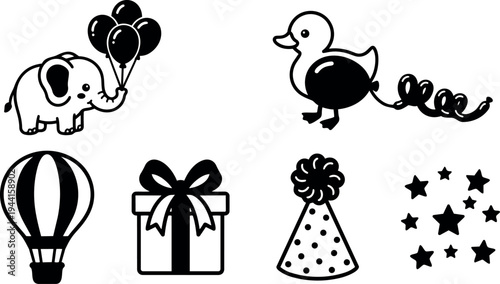 Black and white flat design cute elephant holding balloons duck with streamer hot air balloon gift box party hat and stars set