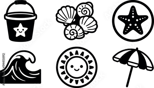 Black and white vector icons of smiling sand bucket with star seashells starfish ocean wave sun with face and beach umbrella set