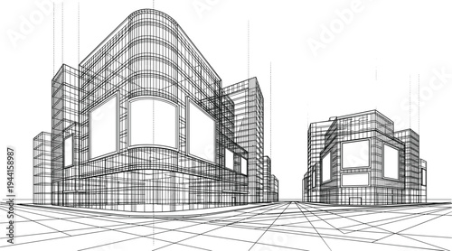 Professional black vector architecture wireframe of modern urban retail plaza with commercial building facades and advertising billboards