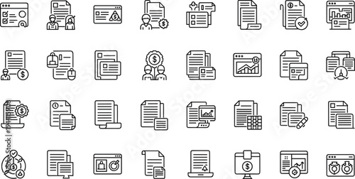 Business documentation and financial reporting line icon set featuring documents invoices analytics reports accounting records and office workflow tools