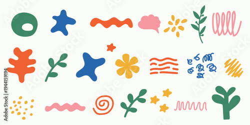 A colorful illustration of various abstract shapes and floral patterns