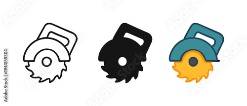 Set of circular saw icons in monochrome and color styles
