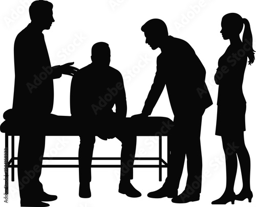 Medical consultation vector illustration showing doctors and patient discussion, healthcare teamwork, professional evaluation, anatomy silhouette, collaborative medical examination scene