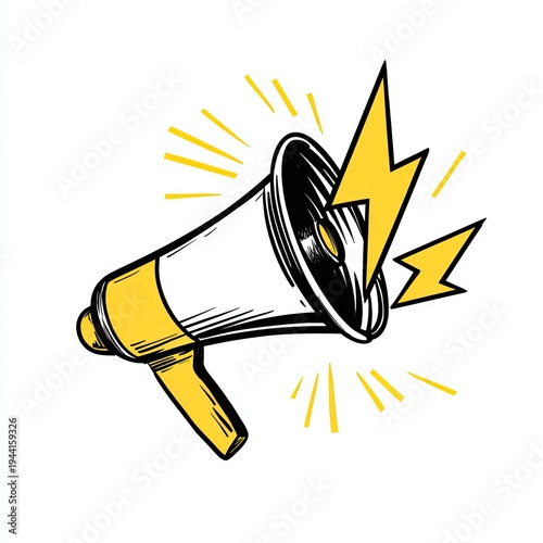 Stylized illustration of a megaphone, emitting sound waves, with yellow accents and a lightning bolt