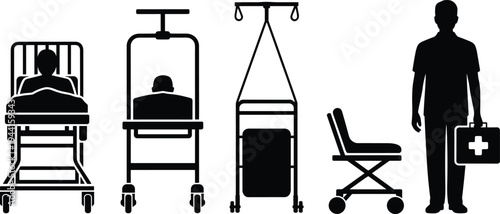 Medical care and emergency service silhouette vector icons showing hospital bed, stretcher, IV stand, transport chair, and first aid responder
