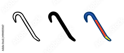 Crowbar icons set: outline, silhouette, and colorful designs on white background