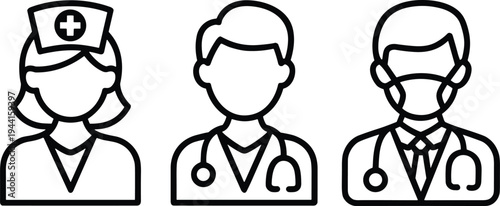 Medical professional icons of nurse, doctor, healthcare staff with stethoscope, face mask, medical attire, hospital team vector illustration design