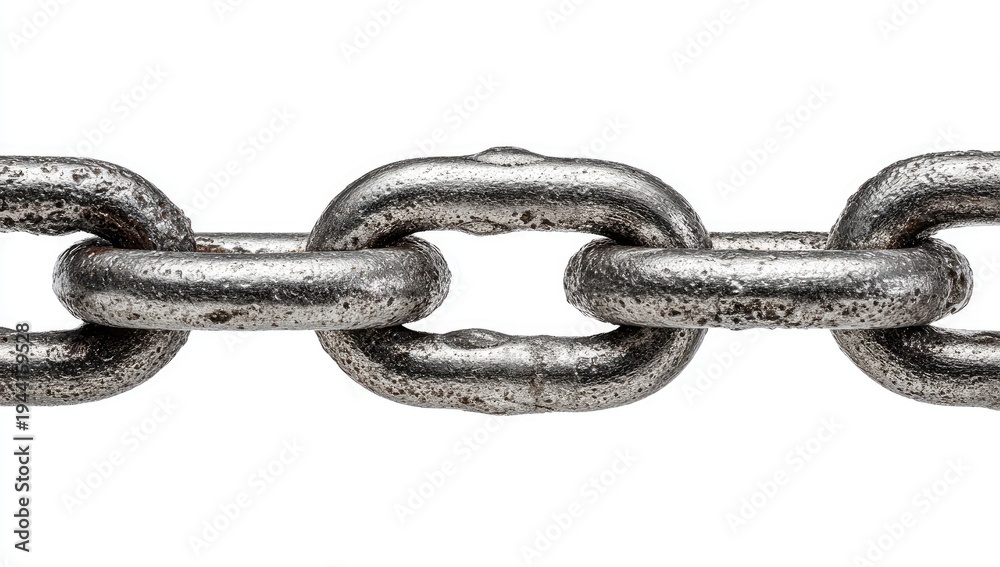 Obraz premium Close-up of a rugged, metallic chain links, slightly rusted against a plain white background