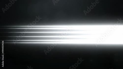 Bright white horizontal light streaks rapidly expanding across dark black background, for speed, transition, data transfer, futuristic digital movement