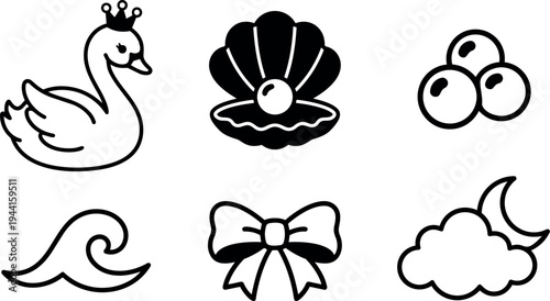 Minimalist black line art vector icons of swan with crown clam shell pearl ocean wave bow moon and cloud isolated on white