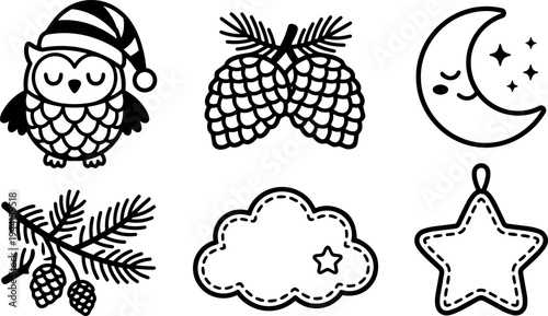 Cute minimalistic black and white vector art icons of sleeping owl in hat pine cones crescent moon cloud star decoration set