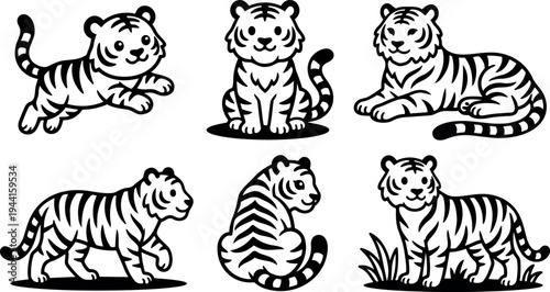 Cute black and white line art tiger cubs in various playful and resting poses cartoon style vector illustration set