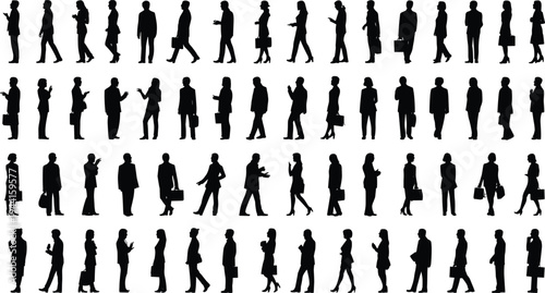 Professional business people silhouettes in corporate attire walking, standing, talking, using mobile devices, teamwork poses for office workforce illustration
