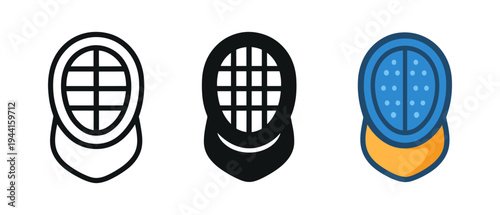 Fencing masks in outline, glyph, and color styles for sports design