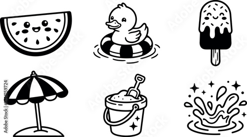 Cute black and white vector icons featuring smiling watermelon slice rubber duck with float popsicle beach umbrella bucket with shovel and water splash