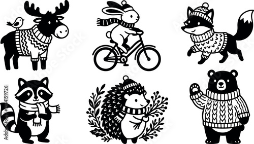 Cute winter woodland animals wearing knitted sweaters and scarves including moose with bird rabbit cycling fox waving bear and raccoon in black and white vector art