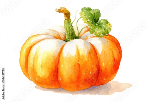 Watercolor illustration of a pumpkin, featuring orange and white hues, stem, and leaf