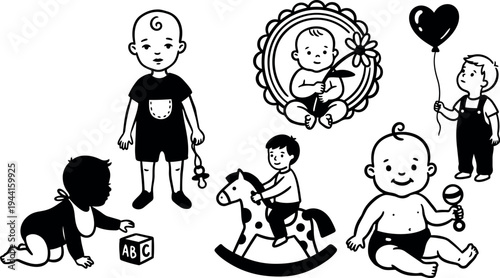 Black and white vector art of various babies and toddlers playing with toys sitting crawling holding balloon and rocking horse illustration