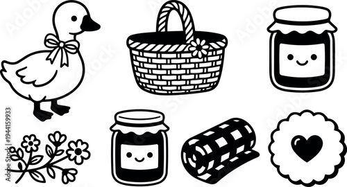 Cute kawaii style vector set with smiling jam jars basket checked blanket duck with bow and heart cookie illustration