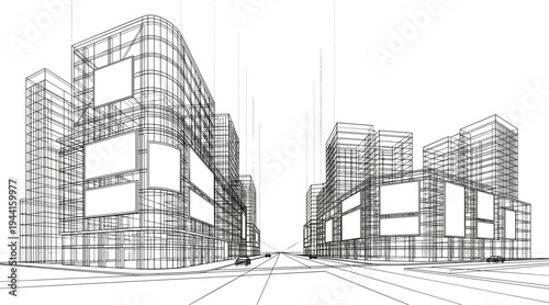Professional black vector architecture wireframe of urban retail boulevard with commercial buildings advertising billboards and street perspective
