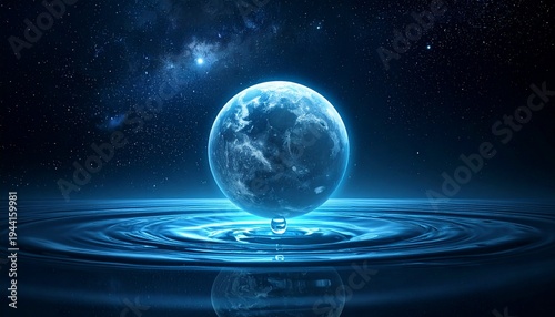 暗黒の宇宙空間に青い水に覆われた惑星が静かに浮かんでいる。
深い闇の背景の中で、海の色が神秘的に輝いて見える。
広大な宇宙と水の惑星が幻想的な雰囲気をつくる構図。