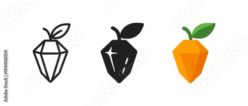 Geometric polygon fruit icons with leaf: line art, solid, and colorful variants