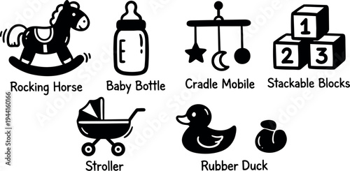 Black and white vector icons of rocking horse baby bottle cradle mobile stackable blocks stroller rubber duck simple playful design