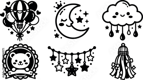 Cute kawaii style smiling moon star garland cloud bear balloon bundle with hearts and ribbons vector icons set