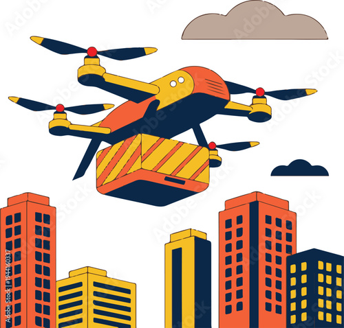 Drone Delivering Package Over City – Autonomous Aerial Delivery Technology Vector Illustration