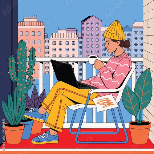 Freelancer Working on Laptop at Balcony – Remote Work and Creative Lifestyle Vector Illustration