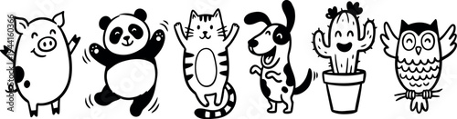 Black and white line art happy pig panda cat dog cactus and owl cartoon characters with raised hands isolated