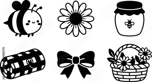 Cute black and white cartoon style bee flower honey jar picnic blanket bow and floral basket vector icons set