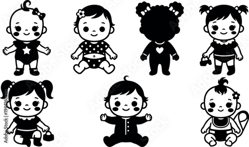 Flat design vector art of seven cute babies sitting smiling with different hairstyles and clothing styles in black and white simple style