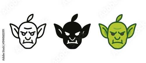 Cartoon goblin faces: outline, solid, and colored variations
