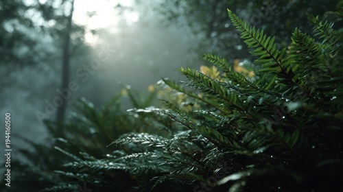 Ethereal forest illuminated by sunlight with lush ferns in the foreground
