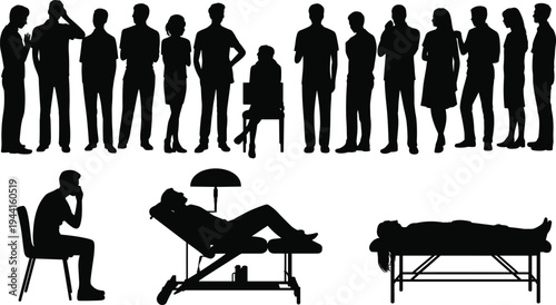 Silhouette people group gathering with medical examination scenes including patient on table, seated figure, healthcare evaluation and social interaction