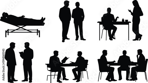Silhouette professionals in healthcare and business settings consulting, meeting, and collaborating with documents, patients, and teamwork in workplace illustration
