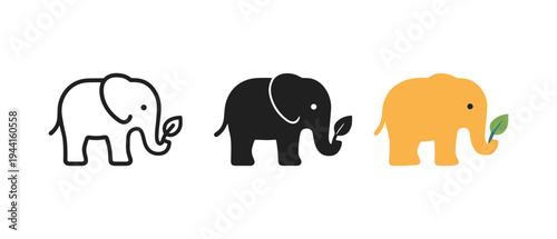 Elephant designs with leaf: minimalist line art and colorful flat styles
