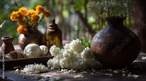 Tranquil display of flowers and rustic pottery on weathered wooden surface