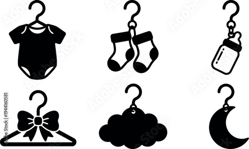 Minimalist black baby clothes hanger icons set with bodysuit socks bottle bow cloud and crescent moon silhouette vector art