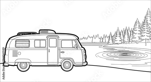 Vintage Camper Van by Lake