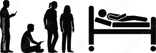 Silhouettes of people standing, sitting, observing, using smartphones, and lying in hospital bed representing lifestyle, technology, and health concept