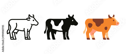 Colorful cow icon set in three diverse flat design styles