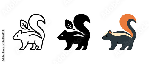 Stylized skunk icons set with leaf elements in minimalist design