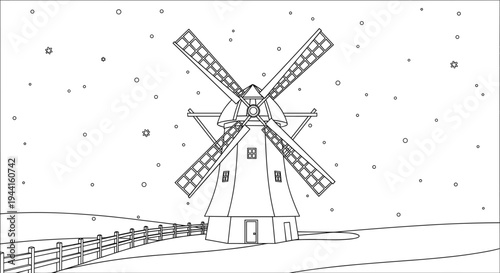 Winter Windmill Scene Outline